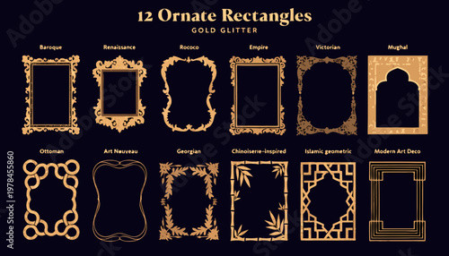 Collection of 12 Ornate Gold Glitter Rectangles in Various Styles, Perfect for Decorative Use