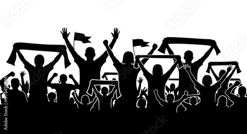 Silhouette of cheering sports fans crowd.