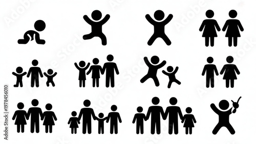 Diverse group of stylized stick figure characters holding various items and poses Vector