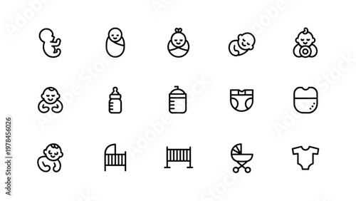 Collection of baby-related icons in a minimalist line art style Vector
