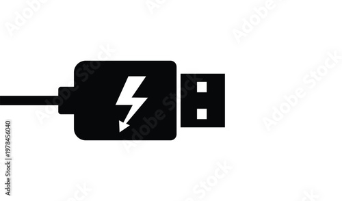 Black USB Flash Drive Icon with Lightning Bolt Symbol on White Background, Isolated Vector Illustration, Technology and Data Transfer Concept.