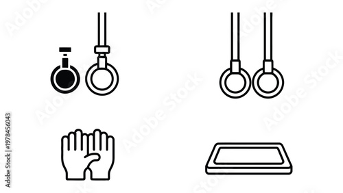 Gymnastic Equipment Icons: A collection of simple, black and white line icons representing various gymnastics equipment.