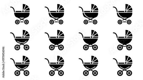 Collection of black and white baby strollers in a grid formation Vector