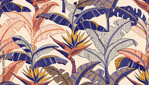 Vibrant Tropical Botanical Leaf and Abstract Geometry Fusion in a Seamless Pattern