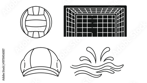 Water Polo Icons: A collection of sleek, minimalist icons capturing the essence of water polo - a ball, goal, cap and water splash.