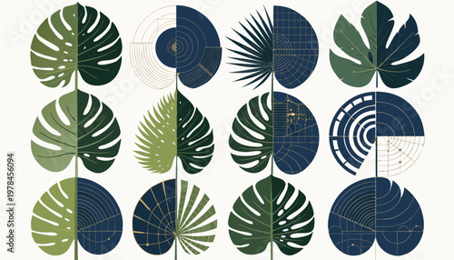 Botanical patterns intertwined with geometric designs featuring monstera and palm leaves