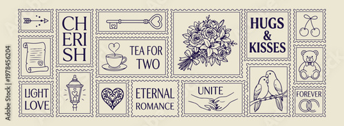 Photos Hand drawn vintage postage stamps, Minimal brush line floral sketch, Clean layou