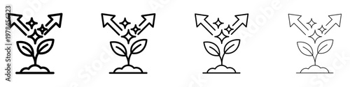 Set of linear icons of plant growth with arrows and sparkles with different stroke weights. Minimalist symbols of successful development, startup, and ecological progress. Vector illustration.