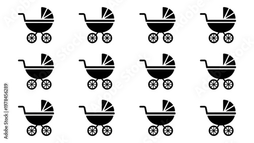 Collection of stylized baby strollers in black and white silhouette design Vector