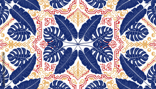 Vibrant tropical leaf pattern with intricate ornamental details, a decorative vector background featuring dark blue banana and monstera leaves in a symmetrical design