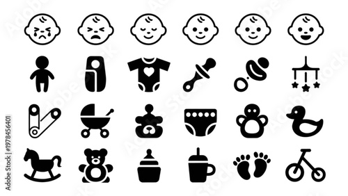 Collection of black and white icons representing baby and child-related items Vector