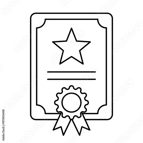 Linear certificate icon with a large star and an award seal with ribbons. Minimalist symbol of diploma, success, and official achievement recognition. Vector illustration.