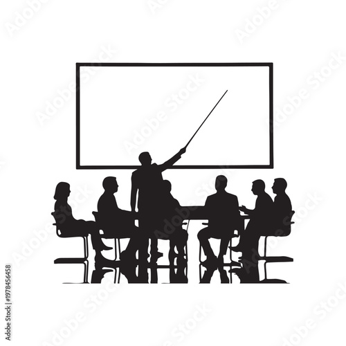 Group of Silhouetted People Sitting Around a Table Listening to a Speaker Pointing at a Whiteboard