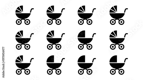 Collection of twelve black and white baby strollers in a grid layout Vector