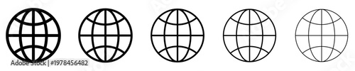 Set of linear globe icons with different stroke weights. Minimalist symbols of global network, planet, and internet. Vector illustration.