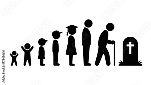 Silhouettes of people growing taller towards a gravestone and cross Vector