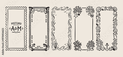 Elegant hand drawn frames botanical borders, minimalist decorative line art frame icons, creative flourish and leaf border doodles, artistic blank floral label and badge elements, sketchy page divider