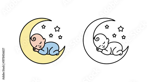 Two babies peacefully sleeping inside crescent moons with stars Vector