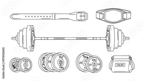 Weightlifting Set: An assortment of weightlifting equipment, ready for the intense workout. Featuring a barbell, weight plates, and gym belt.