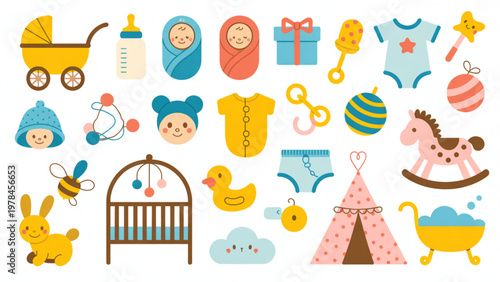 Colorful collection of diverse cartoon children and baby toys Vector