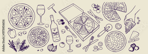 Pizza party and italian dining illustration, hand drawn mediterranean meal and wine sketches, decorative restaurant and cooking theme doodles, artistic traditional pizzeria design elements, minimalist