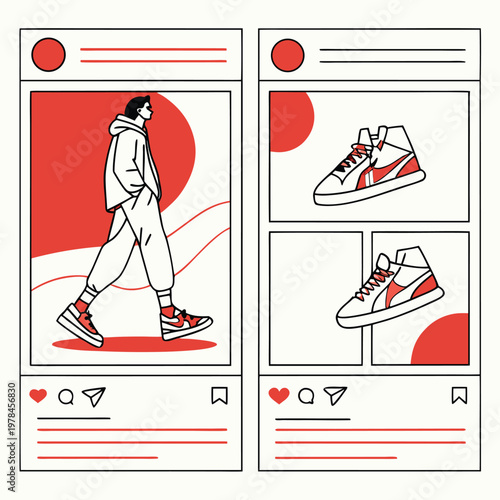 Social media posts featuring fashionable sneakers and a person one with a person in casual attire and another showcasing two pairs of sneakers e commerce post design sneakers footwear marketing