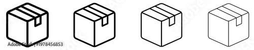 Set of linear closed cardboard box icons in isometric projection with different stroke weights. Minimalist symbols of delivery, logistics, packaging, and online shopping. Vector illustration.