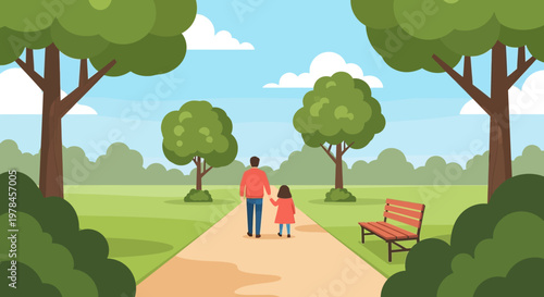 A father and child walking hand-in-hand down a path in a lush green park on a sunny day, surrounded by trees and bushes.