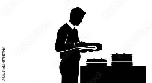 Man holding stack of folded clothes.