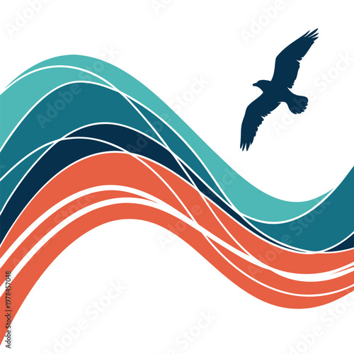 Silhouette of a bird in flight over abstract wavy lines with silhouette abstract movement serenity illustration wildlife transition