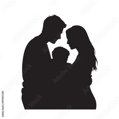 Silhouette of a loving family with parents embracing a baby in their arms on a white background