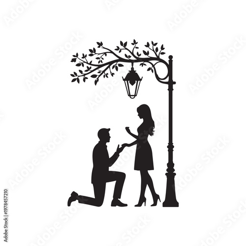 Silhouette of a man proposing to a woman under a lamppost with a tree branch overhead on a white background Keywords