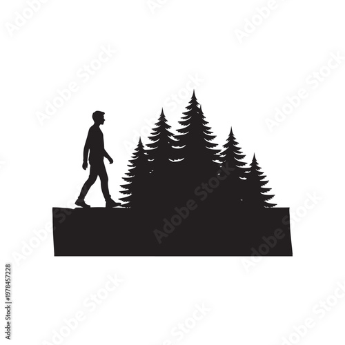 Silhouette of a man walking past a dense forest of pine trees on a white background Keywords: man, walking