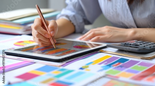 Business Professional Analyzing Colorful Charts and Graphs on Tablet