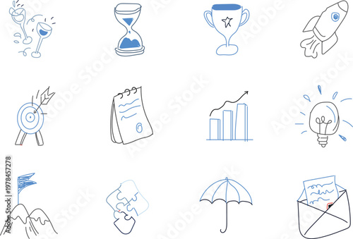 set of hand-drawn business and startup doodle icons. 