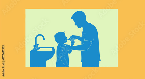 Man brushing boy teeth at sink.
