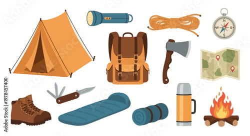 Camping equipment and supplies isolated on a white background vector illustration