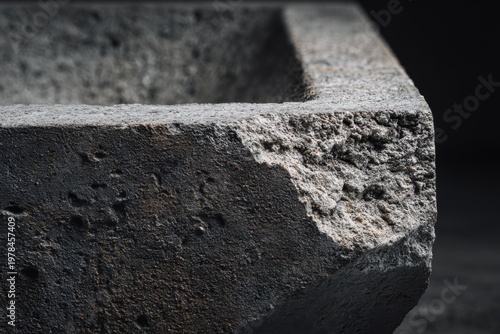 Close view of a rough stone bowl showing texture and detail in a low light setting emphasizing the natural form and structure of the material
