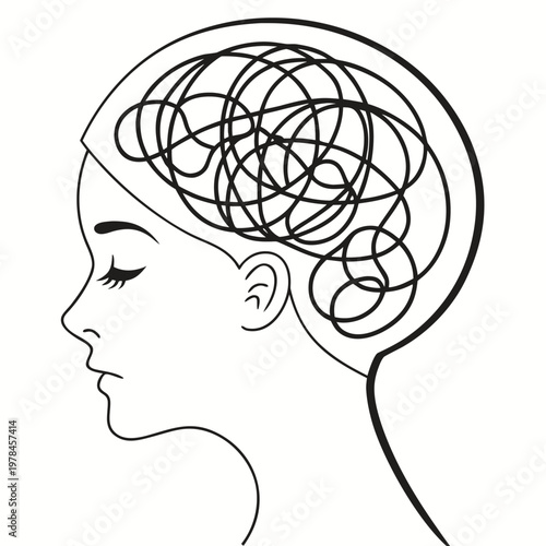 Side profile of a head with tangled lines inside representing confusion stress mental health concerns well being human head confusion depression thoughts psychology struggle headache