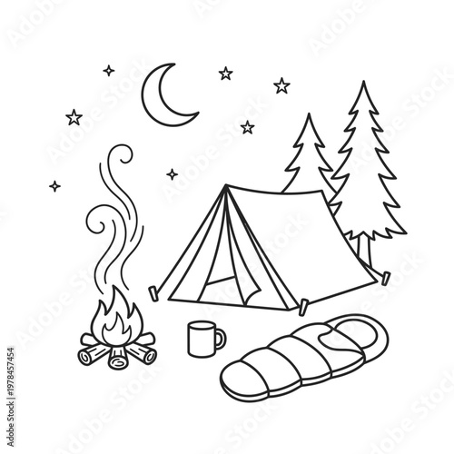 Serene Camping Scene Line Art Illustration