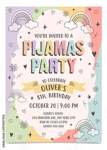 Colorful hand drawn pajama party invitation for 8th birthday with rainbow and clouds