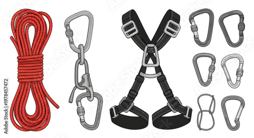 Climbing gear illustration featuring rope carabiners harness and equipment