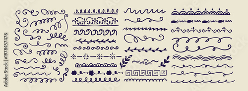 Hand drawn decorative wavy lines borders, minimalist artistic divider and corner doodles, creative flourish and scroll border elements, artistic blank page divider line art, decorative frames for text