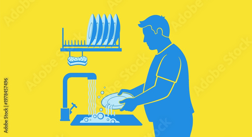 Man washing dishes in kitchen sink.