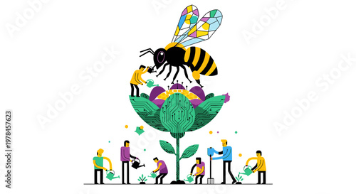 Tiny people work together to nurture a giant flower and a bee, symbolizing teamwork and environmental care
