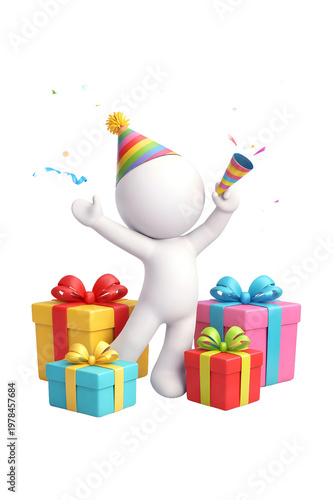 3D White Character Celebrating Birthday Party with Gifts and Confetti Cute Cartoon Figure Isolated