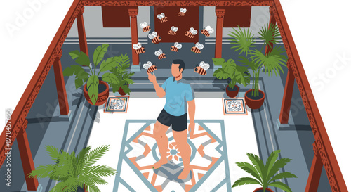 Man throwing beer mugs in the air in a courtyard with plants and traditional architecture