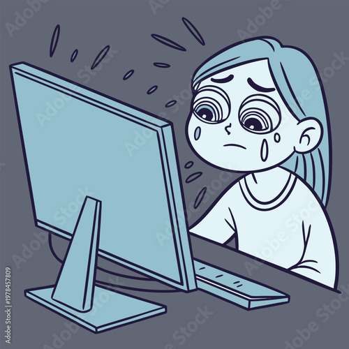 Woman suffering from screen addiction and digital fatigue with computer addiction exhaustion technology overwork headache internet wellness lifestyle expression illustration