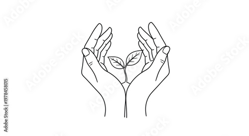 A delicate line drawing depicts two hands cupping a small sprouting plant with green leaves