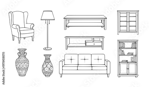 Hand drawn furniture sketch collection vintage and modern home interior outline set isolated on white background
